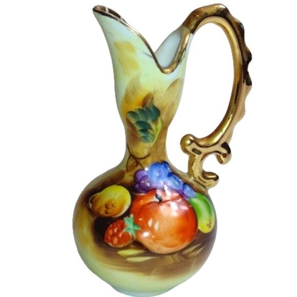 Vintage Japan Made Hand Painted Porcelain Pitcher with Flowers and Gold Trim - Picture 1 of 8